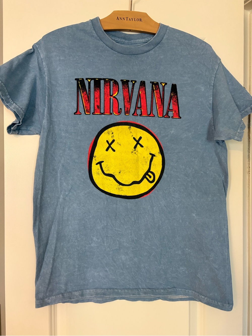 NIRVANA Light Blue Tee with Yellow Smiley and Red Logo Size Medium